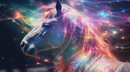 A white horse with a long mane and colorful hair