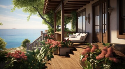 Fototapeta premium A porch with a couch and flowers on it