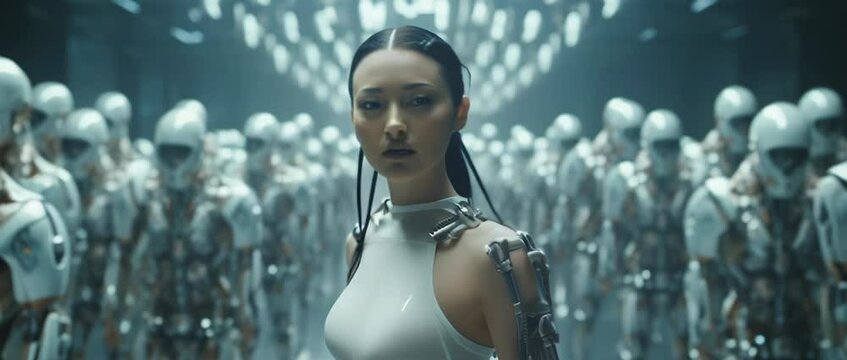 Medium shot of cyborg girl standing in hall in laboratory with robots in rows. Anamorphic 4k footage