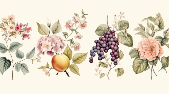 A group of flowers and fruit on a white background