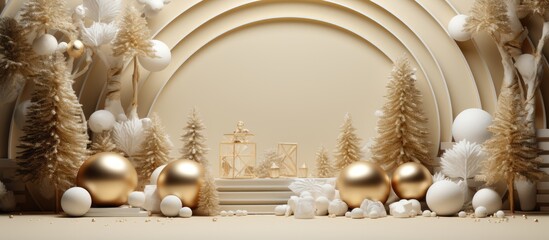 Christmas themed studio with golden platform showcasing toys Display stand for merchandise shop windows and magazines New Year card poster and banner featuring gold accents snowy waves and t
