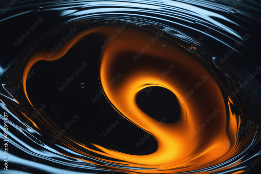 Poster dynamic liquid composition on black with abstract swirl..
