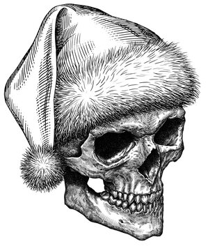 Vintage engraving isolated human skull dressed christmas illustration scull ink santa costume sketch. Cranium background silhouette skeleton new year hat art. Black and white hand drawn image