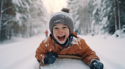 Fototapeta na wymiar Joyful boy in beanie and down coat sledding in winter down a hill, on blurred winter forest or skiing resort background, with copy space, concept of family winter holidays.