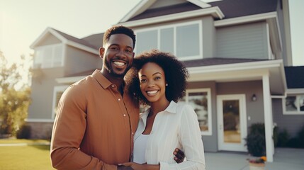 Happy young couple standing in front of their new house, concept of real estate, house sale, with copy space.