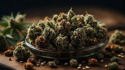 Cannabis Collection - Close-Up of a Dish Filled with Lush Marijuana Buds, cannabis, weed, ganja 16:9 - obrazy, fototapety, plakaty