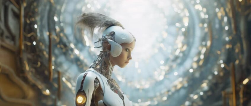 Portrait of cyborg girl connected to network in laboratory. Anamorphic 4k footage