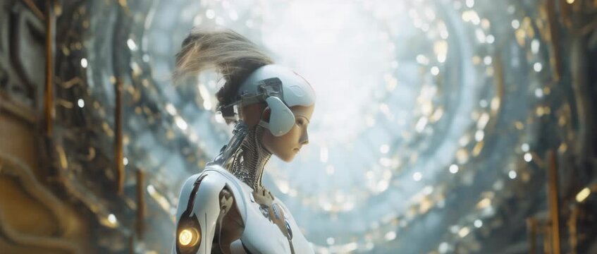Portrait of cyborg girl connected to network in laboratory. Anamorphic 4k footage
