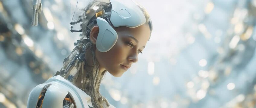 Portrait of cyborg girl connected to network in laboratory. Anamorphic 4k footage