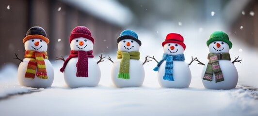 Winter holiday christmas background banner - Group of cute funny laughing snowman with wool hat and scarf, on snowy snow - obrazy, fototapety, plakaty