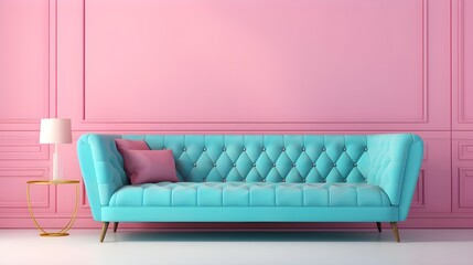 A blue pastel colored luxury sofa in a pink walls living room ,mock up.