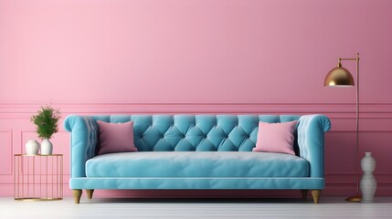 A blue pastel colored luxury sofa in a pink walls living room ,mock up.