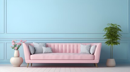 Fototapeta na wymiar A pink pastel colored sofa in a pastel blue walls living room, mock up.