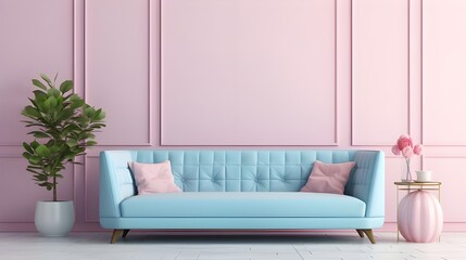 A blue pastel colored luxury sofa with plants in a pink walls living room ,mock up.