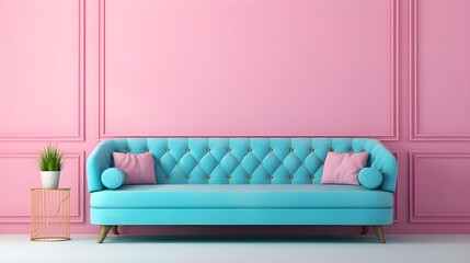 Fototapeta na wymiar A blue pastel colored luxury sofa in a pink walls living room ,mock up.