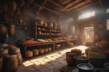 Typical local market from medieval times, sun rays appearing between the stalls, small business farmer, business concept, generative ai - obrazy, fototapety, plakaty