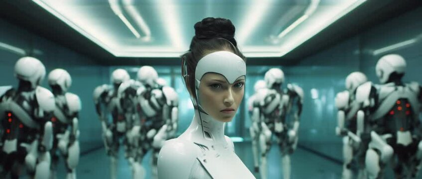 Medium shot of cyborg girl standing in hall in laboratory with robots in rows. Anamorphic 4k footage