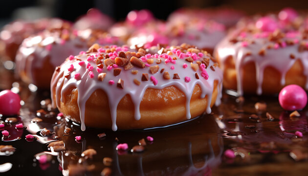 Indulgent gourmet dessert, a sweet pink donut with chocolate icing generated by AI