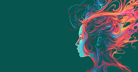 Mental Health Practice. Beautiful female profile and neon flower. text mental health On a green background.