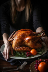 Baked turkey or chicken on a platter. A dish with a turkey in women's hands. Vertical frame - obrazy, fototapety, plakaty