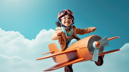 Asian little child flying with cardboard toy airplane handicraft on sky. Dreaming of future to pilot.