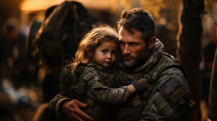 Portrait of a father and daughter in military clothes on the street.