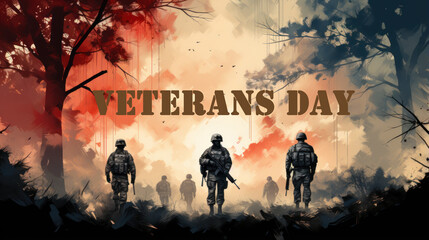 Veterans day background with soldiers and text. 3D illustration. - obrazy, fototapety, plakaty