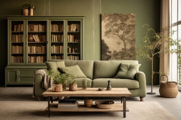 salón de estilo clásico con gran ventanal decorado con mesa de madera, sofá, armario y librería en tonos verde