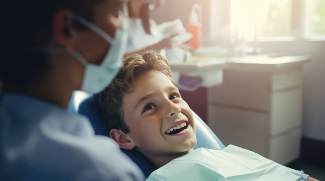 A child with a dentist in a dental office.
