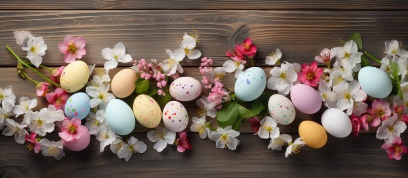 Easter eggs and spring flowers on wooden background make a bright holiday border with colored eggs