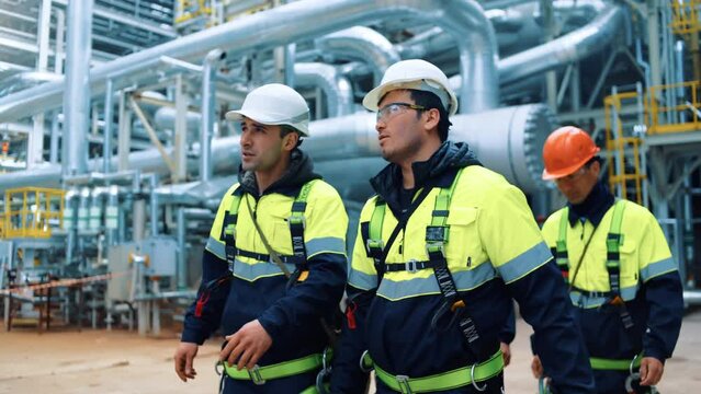 Group of Asian metalworker engineer with supervisor examining oil petroleum plant work as team