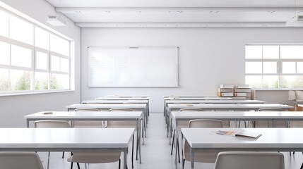Empty clean classroom with whiteboard. AI generated image - obrazy, fototapety, plakaty