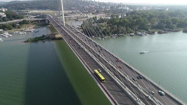 Aerial view of Ada bridge over the Sava river in Belgrade, Serbia. Summer