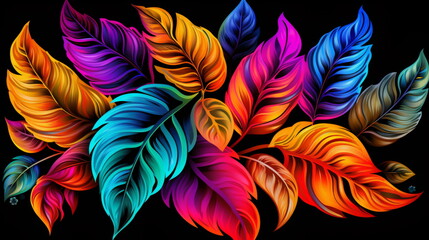 Vivid Leaves on Black: Vibrant Illustrations with Detailed Feather Rendering. Embracing Vibrant Spectrum Colors and Tropical Symbolism. Infused with Caricature Elements and Flowing Fabrics