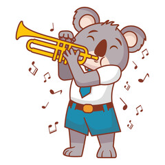 The koala bear plays the trumpet.Koala musician character.Line art hare vector illustration.Isolated on white background.A musical concert. Music school.