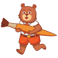 A  bear student at the runs with a paint brush artist in his hands.Elementary school education.World map . Character vector illustration.Back to school.Drawing school.