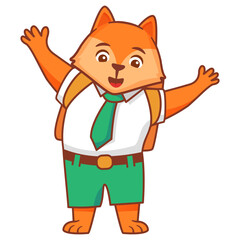 Cartoon fox going to school.A joyful cute tiger jumping cub in a school uniform with bag .Kid kawaii animal go to school.Animalistic childish character.Cute animal student.Line art vector.