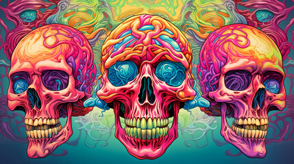 smiling decorative human skull masks on psychedelic abstract background. Generative Ai