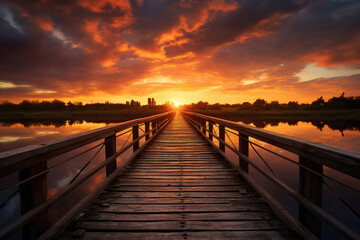 Fototapeta na wymiar Wooden bridge at beautiful sunset, generative AI