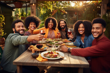 Obraz premium Happy multiracial friends toasting and having fun together during meal on a patio at sunset.