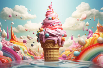 Ice Cream fantasy world, Cartoon illustration of a big ice cream waffle cone surrounded by colorful creamy elements. Creative Ice cream banner advertising concept. Imaginary ice cream world wallpaper. - obrazy, fototapety, plakaty
