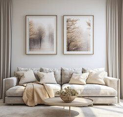 an interior with a modern sofa wall decor and two frame