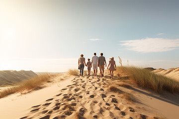 Back view of Multi-Generation family walking along path through sand dunes together.