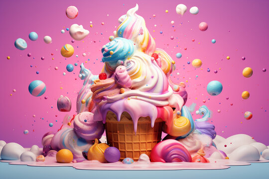 Naklejki Ice Cream fantasy world, Cartoon illustration of a big ice cream waffle cone surrounded by colorful creamy elements. Creative Ice cream banner advertising concept. Imaginary ice cream world wallpaper.
