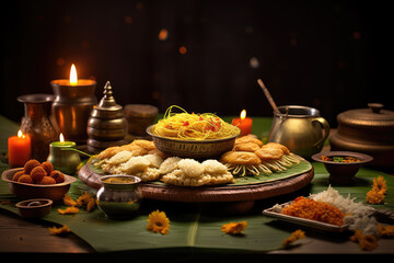 Table with typical traditional Indian foods to celebrate the cultural festival of Diwali.