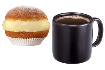 caneca com café expresso grande acompanhado de sobremesa sonho de padaria isolado em fundo...