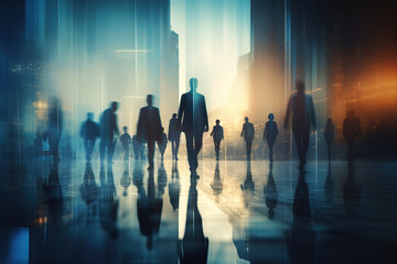 Fototapeta na wymiar Silhouettes of business people walking outdoors. Multiple exposure image. Business concept illustration.