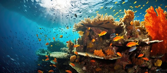 Colorful coral reef with numerous glass fish at the SS Yongala shipwreck in the Great Barrier Reef Australia - obrazy, fototapety, plakaty