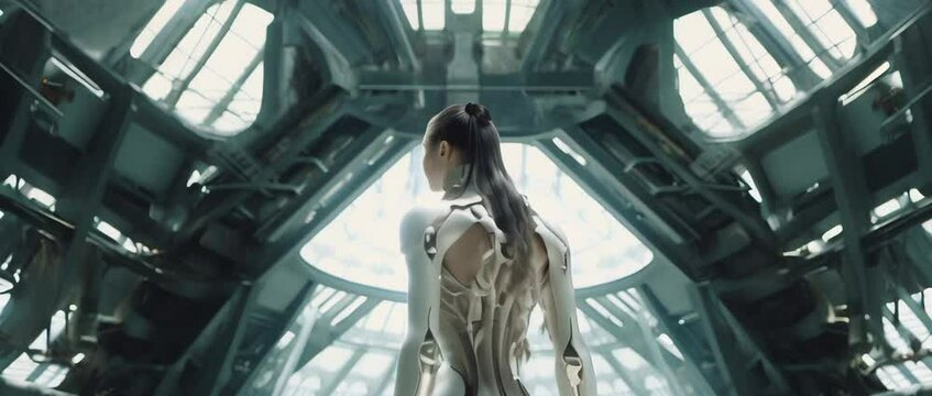 Medium shot of cyborg girl standing in hall in laboratory. Anamorphic 4k footage