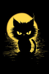 czarny, nastroszony kot, w świetle księżyca. - obrazy, fototapety, plakaty
